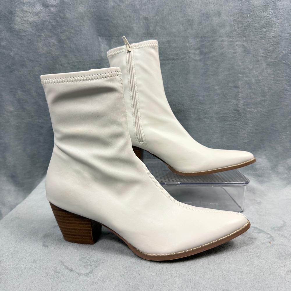 Coconuts Womens 10 White Leather Ankle Boots Pointed Toe Block Heel Western Y2K